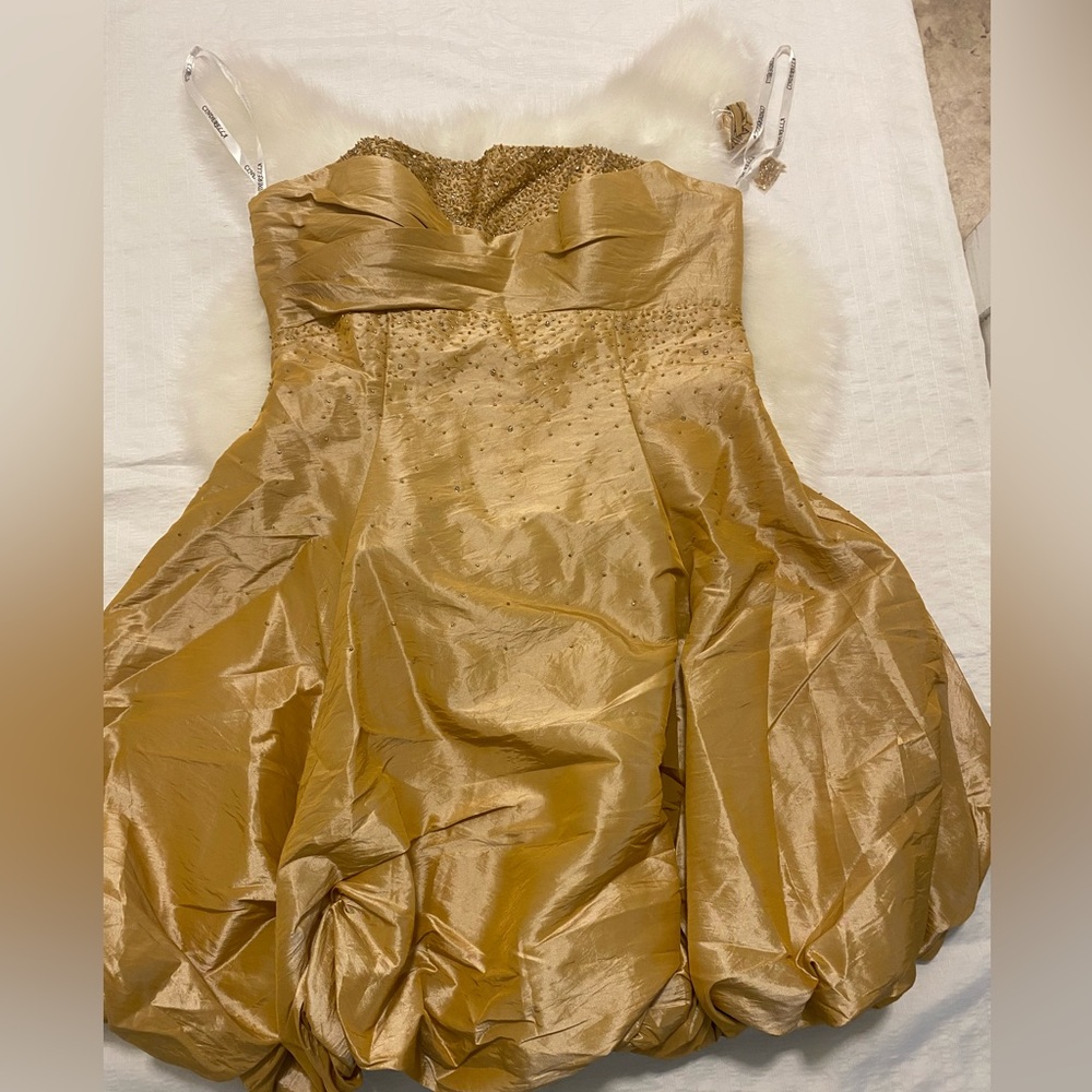 dress with beaded bodice, bubble hem, spaghetti straps, gold, vintage